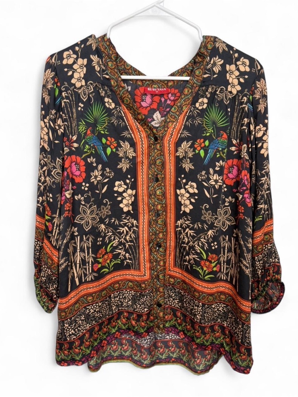 Ruby Yaya Boho Bird Floral Tunic Button Down Blouse Medium Tropical Resort Beach